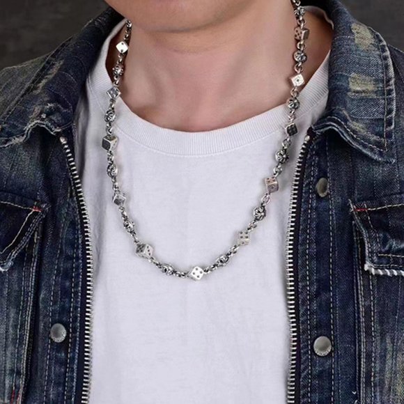 Chrome Hearts Style  Sterling Silver 925 Dice And Cross Buttons Necklace - Picture 1 of 5